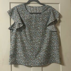Size, large blouse, baby blue with red pink and brownish floral pattern